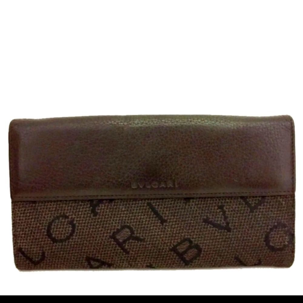 Authentic BVLGARI Logo Canvas Leather Long Bifold Wallet